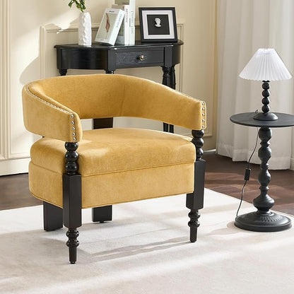 LOULENS Barrel Accent Chair, Vintage Chenille Upholstered Lounge Chair with Solid Wood Legs, Comfy Leisure Side Armchair for Living Room, Bedroom, Reading Nook, Corner, Yellow
