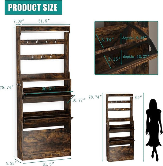 Shoe Cabinet for Entryway with 3 Flip Drawers, Brown Tall Wood Shoe Storage Cabinet with Coat Rack, Narrow Hidden Slim Freestanding Shoe Rack Organizer, 2 in 1 Hall Tree for Living Room, Hallway