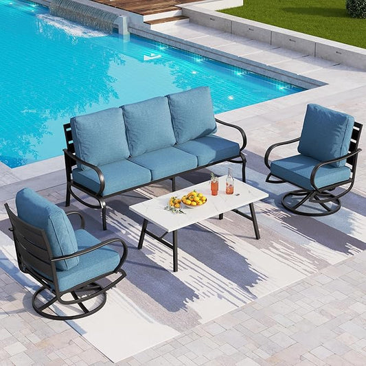 PHI VILLA 4 Piece Patio Furniture Sets for 5 Person with 1 x 3-Seat Deep Seating Bench, 2 x Cushioned Swivel Sofa Chairs & 1 x Coffee Table, Outdoor Metal Conversation Set for Lawn Garden, Navy Blue