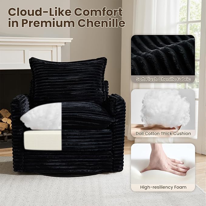 98" Modular Sectional Sofa Set with Swivel Chair, Modern Cloud Couch Plush Corduroy 3 Seater Deep Seat Sofas with Accent Armchair for Living Room Small Space, Black