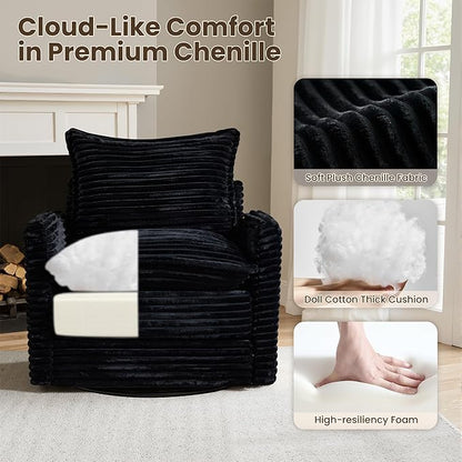 130" Modular Sofa with Swivel Chair & Ottoman, Modern Cloud Sectional Couch Plush Corduroy 5 Seater Deep Seat Sofas Set & Accent Armchair for Living Room, Black