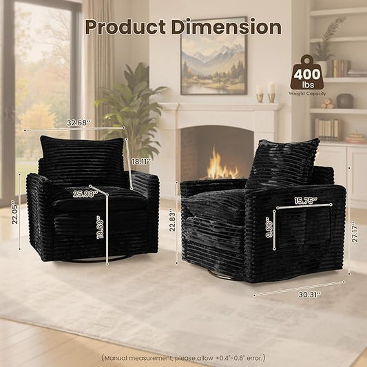 Swivel Accent Chair Set of 2, Modern Sofa Chairs for Living Room, Plush Upholstered Cloud Chair with Double Layer Thick Cushions, Bedroom Reading Nook Armchair, Black
