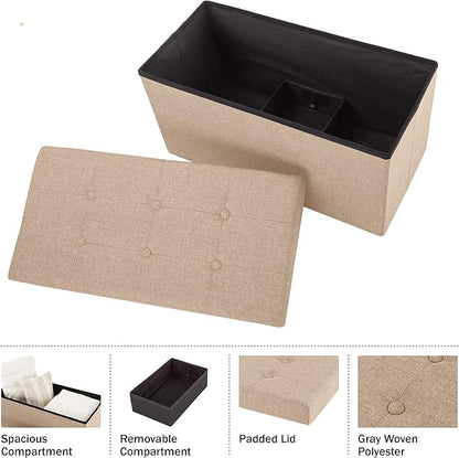 Folding Storage Ottoman - 30-Inch Tufted Footrest, Linen Chest, or Bench with Removable Bin for Living Room, Bedroom, or Dorm by Lavish Home (Beige)