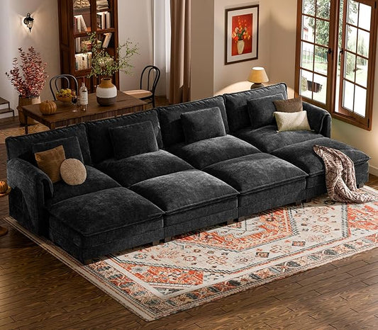 ELUCHANG Oversized 153" Modular Sectional Sofa, Comfy Deep Seat Cloud Couch, Sleeper Sofa Bed, 8 Seat Modern Couch with Removable Cover for Living Room, Apartment, DIY Combination, Chenille Black