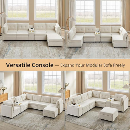 VANOMi 118" Modular Sectional Sofa with 2 Ottomans, 8 Seater Convertible Modular Cloud Sofa Bed, Comfy Chenille Sofas & Couches for Living Room, Apartment, Office, Beige, Large Sofa Bed