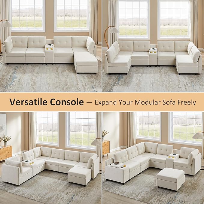 VANOMi 4 Seat Modular Sectional Sofa with Ottoman, 118" Cloud Sofas & Couches, Cozy Chenille Sectional Couches for Living Room, Apartment, Office, Beige, L Shaped