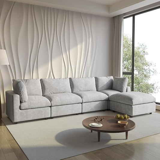 Cloud Couch Modular Sectional Sofa,134" L Shaped Couch, Oversized Convertible Wide Seater,4 Seater with Ottoman for Living Room Set, Covers Washable&Replaceable,Gray