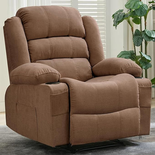 Large Recliner Chair for Adults Overstuffed Fabric Manual Pull Tab Recliner with Cup Holders, Side Pocket, 3-Position Recline, Minimalist Style Single Sofa Chair for Living Room Bedroom, Brown