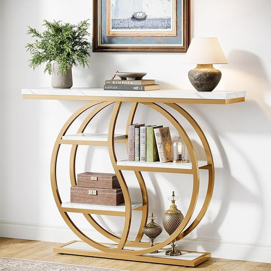 Tribesigns 47.24" Industrial Console Table, 5-Tier Entryway Table with Adjustable Feet, Narrow Long Sofa Table with Storage Shelves for Living Room, Hallway, Behind Couch, Anti-Tip Design (White Gold)