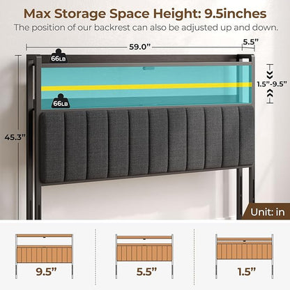 Rolanstar Headboard for Queen Size Bed with Storage, 60,000 DIY Color of LED Light, Head Board with USB & Type C Port, Height Adjustable, Black Upholstered Cabeceras de Cama Comfortable Modern, Linen
