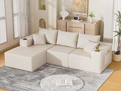107" Cloud Sectional Couch, Modular Sectional Sofa with L-Shape Chaise, Corduroy Boneless Couch with Deep Seat, Upholstered Sofa for Living Room, No Assembly Required(Left-Facing Chaise, White)