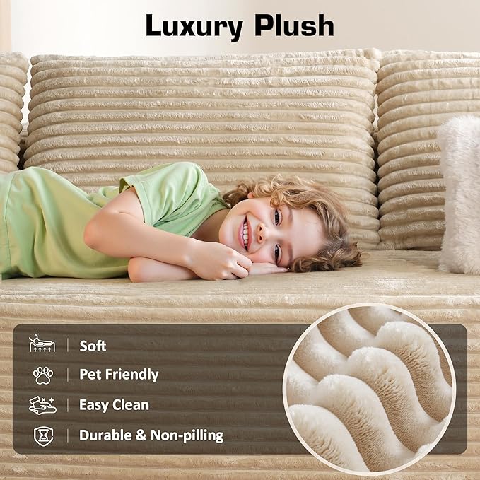 Weaxty Cloud Sectional Couch for Living Room, Oversized U Shaped Boneless Couches, Plush Corduroy Memory Foam Deep Seat Floor Sofa, No Assembly Required，Beige