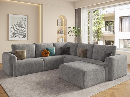 EASE MOOSE Boneless Modular Cloud Couch, Oversized U-Shaped Sectional Sofa for Living Room with Ottoman, Extra Large Movable Couches, 6-Deep-Seat Sofas for Bedroom, Apartment, Chenille (Light Grey)