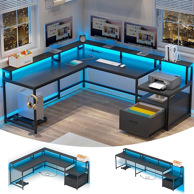 SEDETA L Shaped Gaming Desk, 66" Home Office Desk with Wood File Drawer & Power Outlet, Corner Gaming Computer Desk with Led Lights, Monitor Shelf and Printer Storage Shelves, Two Person Desk, Black