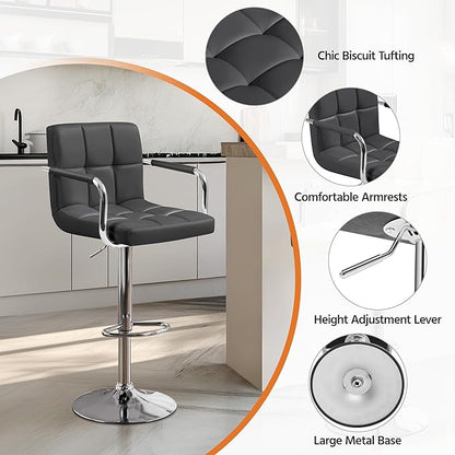Yaheetech Bar Stools Set of 4, PU Leather Adjustable Barstools with Armrest, Counter Height Stool Chairs with Thickened Seat Cushion for Kitchen Island, Grey