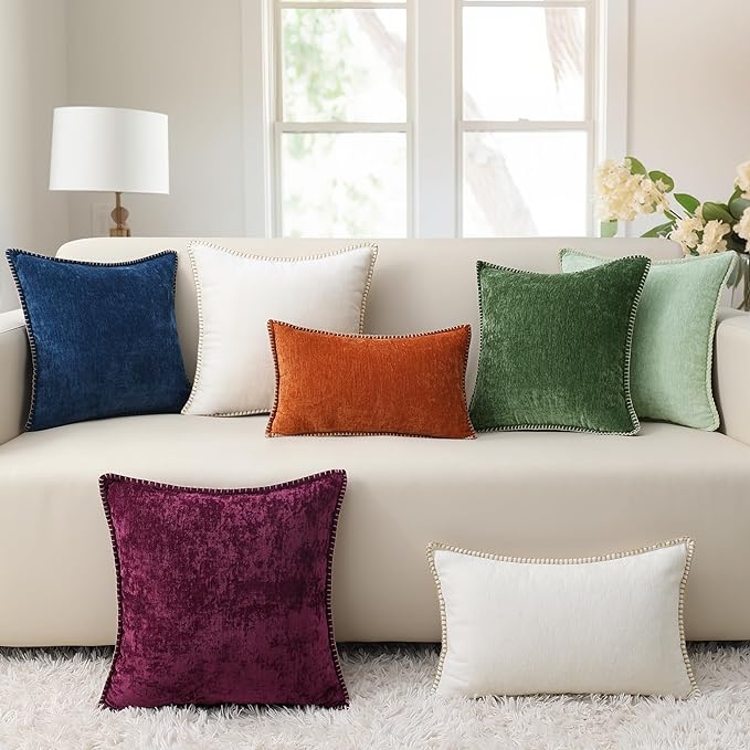 decorUhome Chenille Soft Throw Pillow Covers 16x16 Set of 2, Farmhouse Velvet Neutral Decorative Euro Pillow Covers with Stitched Edge for Couch Sofa Bed Home Decor, Mineral Yellow
