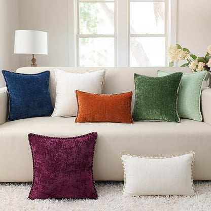 decorUhome Chenille Soft Throw Pillow Covers 18x18 Set of 2, Farmhouse Velvet Neutral Decorative Euro Pillow Covers with Stitched Edge for Couch Sofa Bed Home Decor, Poseidon