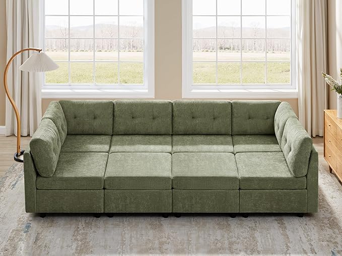VANOMi 118" Cloud Sectional Couches for Living Room, 8 Seater Convertible Modular Sectional Sofa Bed, Comfy Chenille Sofas & Couches for Living Room, Apartment, Office, Green, Large Sofa Bed