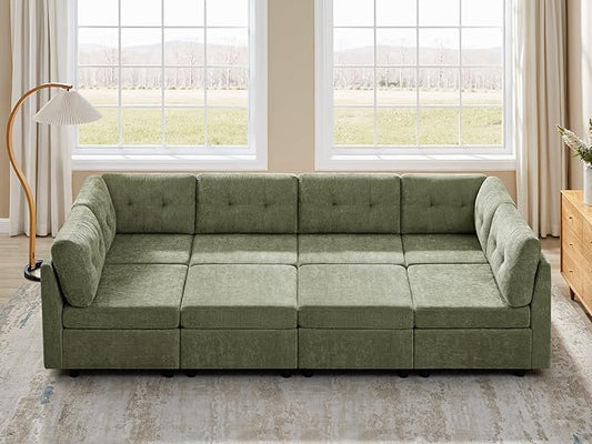 VANOMi 118" Cloud Sectional Couches for Living Room, 8 Seater Convertible Modular Sectional Sofa Bed, Comfy Chenille Sofas & Couches for Living Room, Apartment, Office, Green, Large Sofa Bed