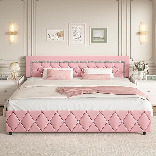 BarnFurin King Size Bed Frame, Faux Leather Upholstered Bed with Diamond Tufted Headboard, Modern King Size Bed with Wooden Slats Support, No Box Spring Required, Easy Assembly, Pink