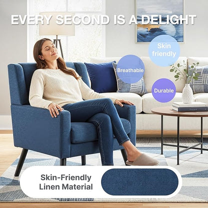 Mid-Century Modern Accent Chair, Plush Linen Fabric with Button Tufted High Back & 5" Thick Cushion, High Comfort Reading Chair for Living Room, Bedroom, Office (Blue)