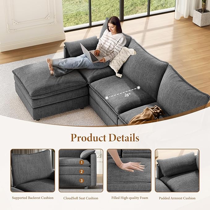 Vesgantti 108" V-Shaped Corner Couch Sectional, 7 Seat Customizable Modular Cloud Couches with Movable Ottoman, Chenille Deep Seat Sofa Set with Chaise for Living Room, Bedroom and Apartment, Gray