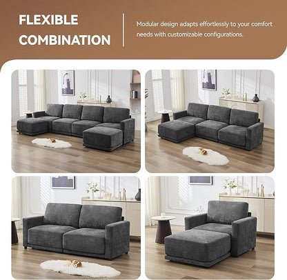 143.8" Modular Sectional Sofa Modern Chenille U-Shaped Couch with Thickened Seat Cushions, Easy Assembly, Upholstered 6 Seater Couch with 2 Movable Ottomans for Living Room, Grey