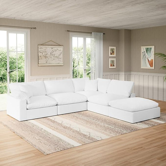 Modular Sectional Sofa Cloud Couch,Down Filled Comfy Cloud Modern Sofa,White Linen Oversized Couch Cushion Covers Removable for Living Room(3 Seater)