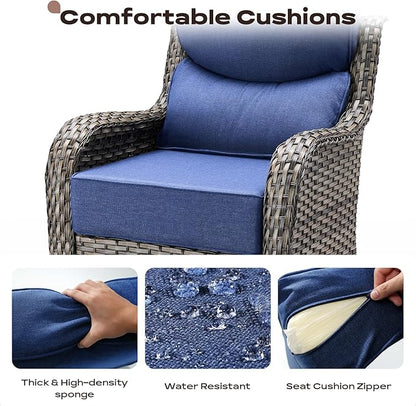 Rilyson Outdoor Patio Swivel Rocker Chairs Set of 2, Waterproof Wicker, High Back, Deep Seating, Wide Armrest, Upgraded 6 inch Thick Cushions, Side Table, Ideal for Deck Porch Yard, Mixed Grey-Blue