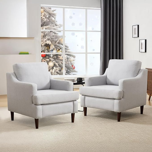 Mid-Century Accent Chair Modern Linen Fabric Armchair for Living Room,Comfy Upholstered Reading Chairs for Bedroom,Single Sofa Chair with Wood Legs (LightGrey, Set of 2)