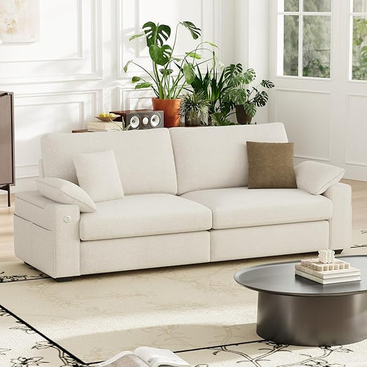 89" Loveseat Sofa, Cloud Foam Couch, 3 Seater Upholstered Midcentury Mondern Love Seat with USB Type C Ports, 4 Pillows and Flip-Open Storage Armrest for Living Room/Small Spaces, Beige