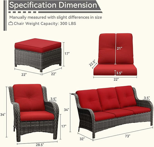 Patio Conversation Set 5-PCS Wicker Outdoor Furniture Conversation Set with 3-Seat Sofa, 2 Armchair, 2 Ottoman Patio Rattan Wicker Sectional Sofa Set with Olefin Cushion, Red