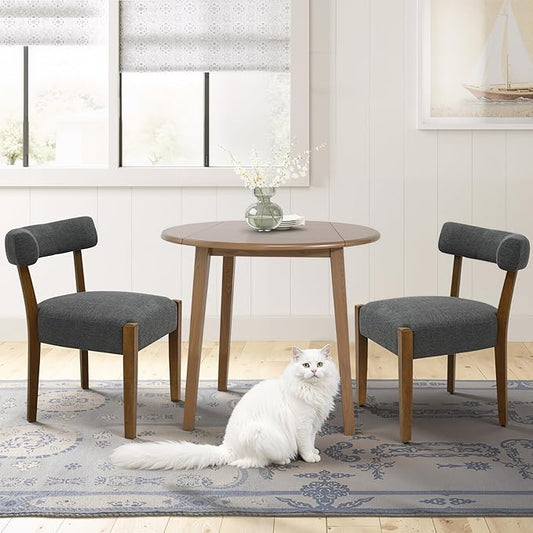 Modern Dining Chairs Set of 2, Walnut Upholstered Kitchen & Dining Room Chairs, Mid Century Wooden Dining Chairs Oversized Sturdy Fabric Rounded Chairs Curved Back, Dark Grey