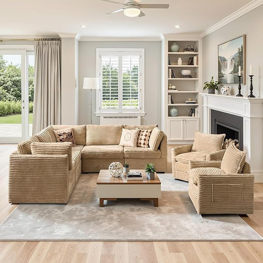 98" Modular Sofa with Swivel Chairs, Modern L Shape Cloud Sectional Couch Plush Corduroy 5 Seater Deep Seat Sofas Set & Accent Armchair Set of 2 for Living Room, Beige