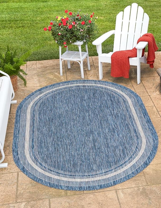 Unique Loom Outdoor Border Collection Area Rug - Soft Border (7' 10" x 10' Oval, Blue/ Ivory)