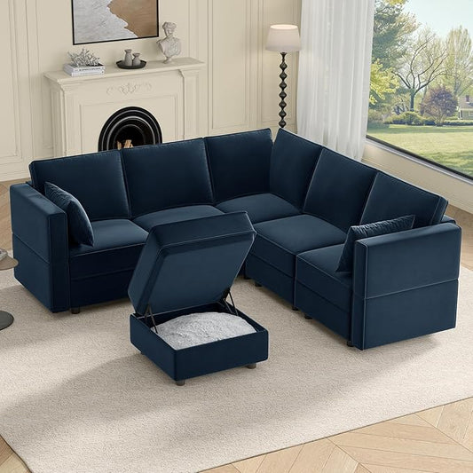 Vesgantti Sectional Couches with Storage Seats, 92" L Shaped Convertible Modular Sectional Sofa, 5 Seat & 1 Ottoman Velvet Storage Chaises Deep Seat Couch for Living Room, Bedroom, Apartment, Blue