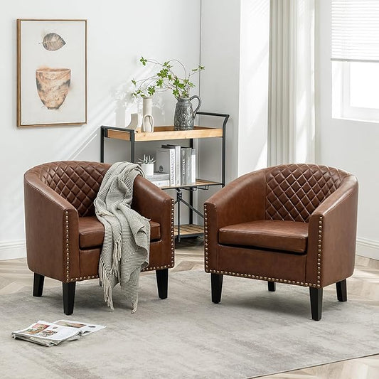 KINWELL 29" W Faux Leather Barrel Chairs Set of 2, Modern PU Upholstered Tufted Club Chairs with Nailhead Trim, Small Armchairs Accent Chairs for Living Room Bedroom Apartment Lounge Nursery, Brown