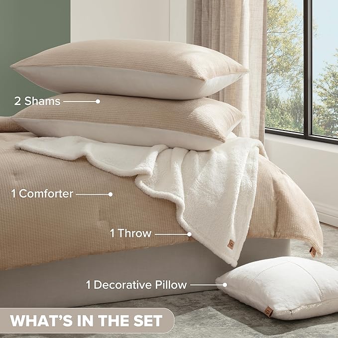 UGG Comforter Set 5 Piece Bed in a Bag with Throw Blanket, Decorative Pillow, Shams, and Reversible Comforter Hypoallergenic Washable Luxury Warm Fluffy Bedding Set, Ivory, King Size (Remina)