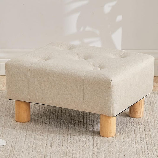 Small Foot Stool Ottoman, Linen Footstool Ottoman Foot Rest for Couch, Rectangle Footstools and Ottomans Small for Living Room, Entryway and Bedroom (Beige)