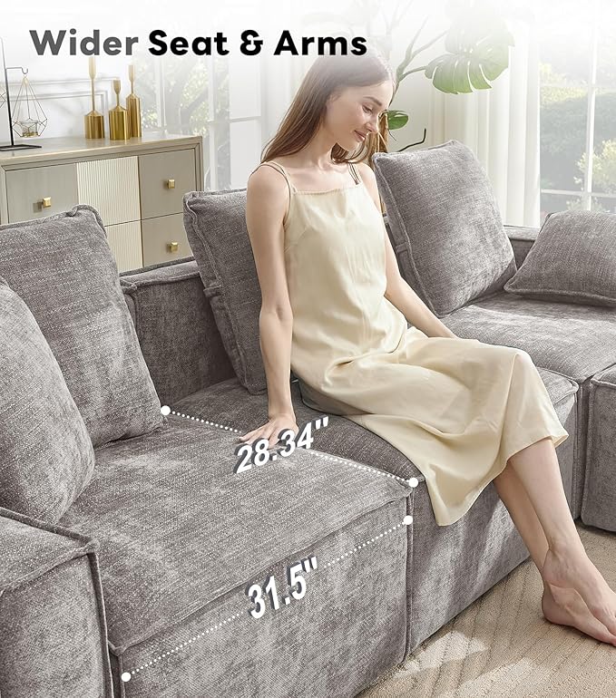 WILLOVE Modular Sectional Sofa Set, Chenille Cloud Couch with Wide Armrests & 8 Pillows, Deep Seat Couches for Living Room, 6-Seater Grey