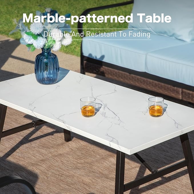 6 Piece Metal Outdoor Patio Furniture Sets, Patio Conversation Sets 1 3-Seater Sofa, 4 Single Sofa with 5.75" Extra Thick Cushion & Coffee Table, Black Frame Backyard Furniture, Blue