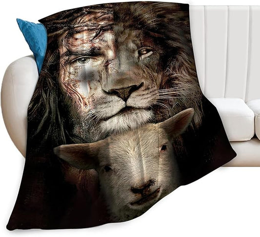 Christian Jesus Lion and Lamb Throw Blanket - Religious Gifts and Decor for Men Women Adults - Soft Warm Cozy Fleece for Couch Sofa Bed 80"x60"