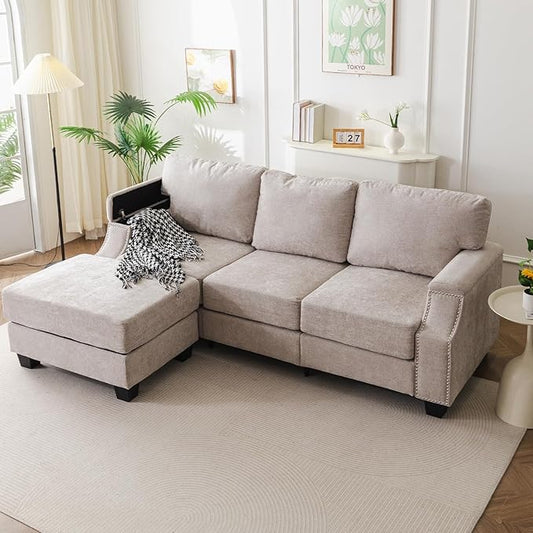 85'' L Shaped Couch with Armrest Organizer,3 Seats Sofas with Storage Ottoman,Comfy Sectional Sofa with Thick Cushion,Chenille Sectional Couches for Living Room,Bedroom,Apartment,Khaki