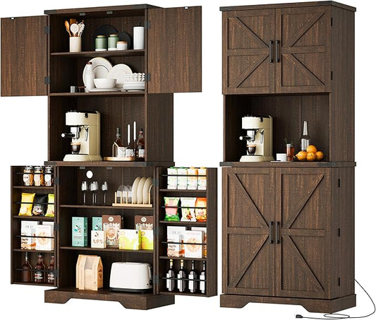 Cozy Castle 74" Farmhouse Pantry Cabinet with Charging Station, Tall Kitchen Storage Hutch Cabinet Coffee Bar Workstation, Sideboard Buffet Cupboard for Dining Room Living Room Furniture, Rustic Brown