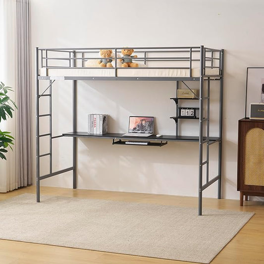 Karl home Twin Loft Bed with Desk and Storage Shelvs,Twin Bunk Bed with Desk for Kids Teens Adults, Saving Space,No Box Spring Needed, Non-Noice, Grey