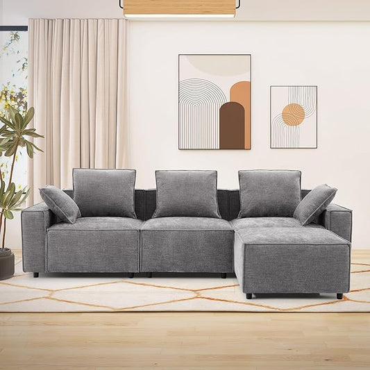 WILLOVE 109'' Modular Sectional Sofa, Chenille Cloud Couch with Wide Armrests & 5 Pillows, Deep Seat Couches for Living Room, Grey