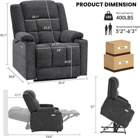 EONIX Dual Motor Lay Flat Power Lift Recliner Chair for Elderly, Electric Recliner Lift Chair for Adults with Heat and Massage, Cup Holders, 400lbs Heavy Duty, SLRY014062, Dark Grey