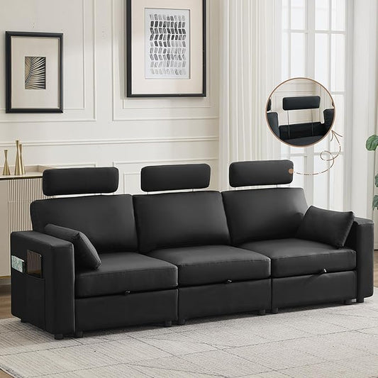 98.2" Oversized 3 Seater Storage Couch, Faux Leather Modular Sectional Sofa with Headrest & Side Pockets, Cloud Upholstered Couches Deep Seat, Sofas for Living Room Apartment Small Spaces, Black