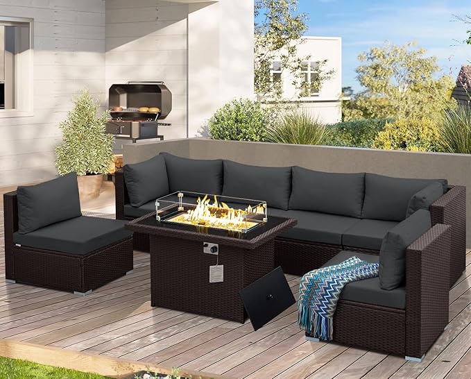 NICESOUL 7 Piece Large Size Outdoor Patio Furniture Set with Fire Pit, 29.3'' High Back Deep Seat Sectional Conversation Sets, Heavy Duty Modern Backyard Sitting, Brown Rattan and Dark Grey Cushion