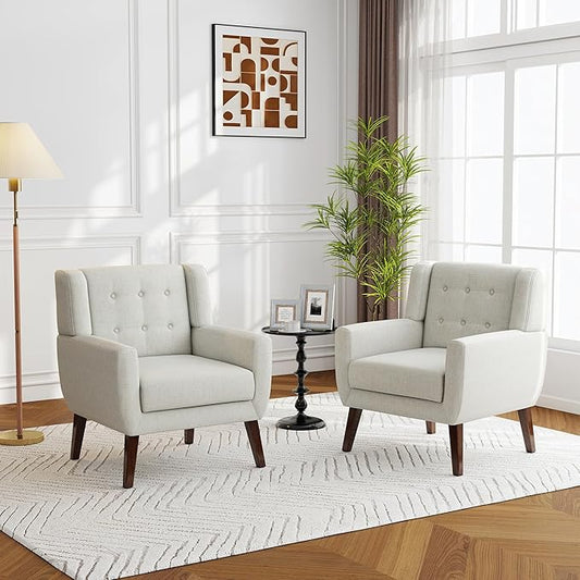 Accent Chairs Set of 2, Modern Fabric Armchairs for Living Room, Comfy Upholstered Arm Chairs Tufted for Indoor Bedroom Office Room (Beige)